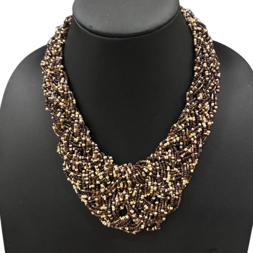 Vintage Woven Seed Bead Bib Necklace 16.5" Brown Beige Multi Inter-woven Strands - Picture 6 of 8